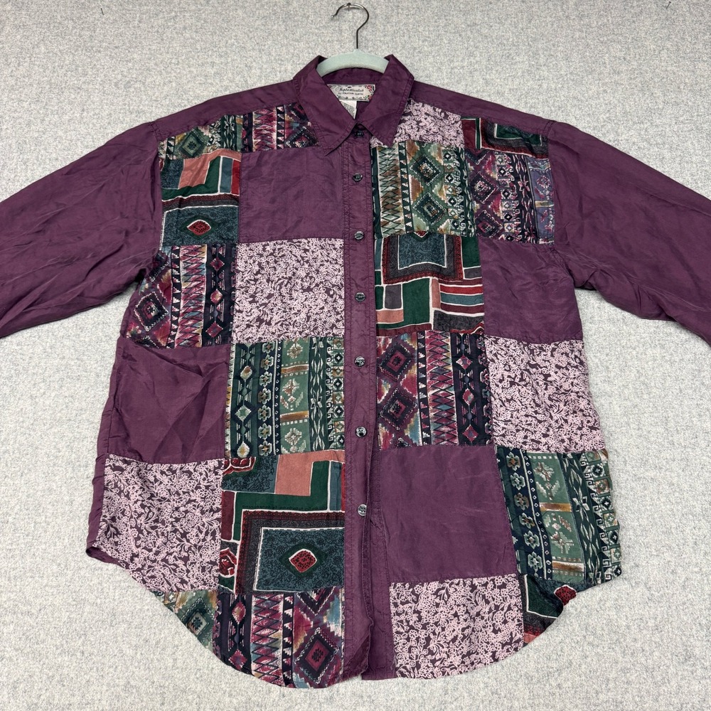 Sophisticates by Jonathan Martin Silk Patchwork Shirt Medium Purple Boho Vintage